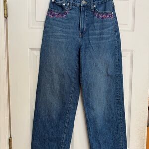 Madewell Blue Straight-Leg Jeans with Pink Embroidery